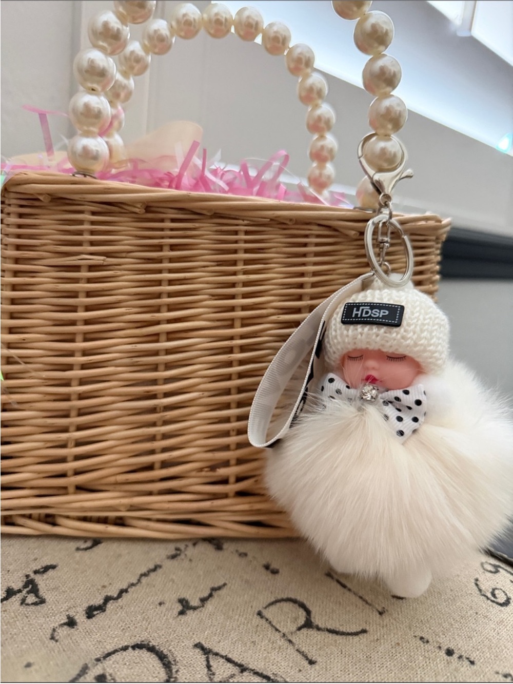 White Faux Fur Pom Pom Doll Keychain Bag Charm